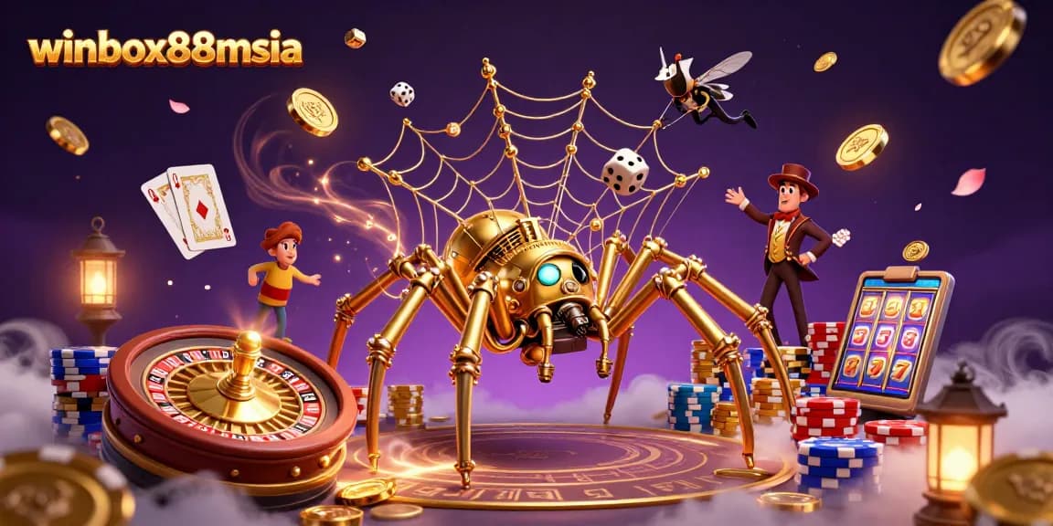 Experience thrilling gameplay at winbox88msia with a detailed 3D illustration of a steampunk spider and casino elements.