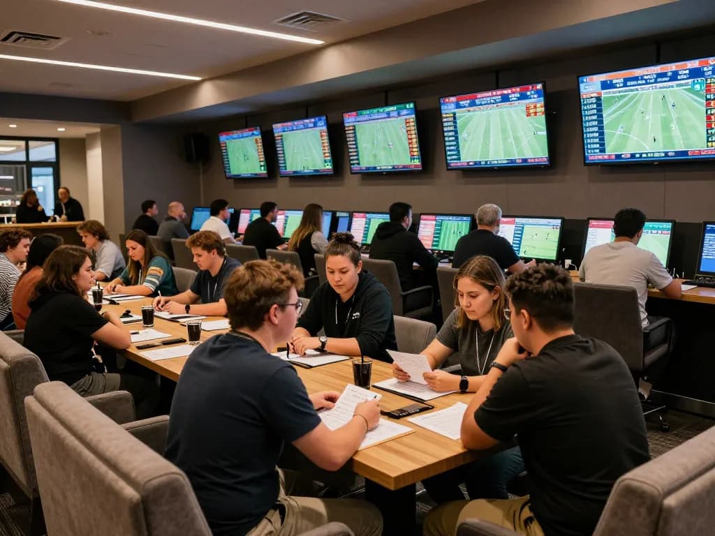 Engaged bettors analyzing kèo nhà cái during a live sports event in a modern sportsbook setting