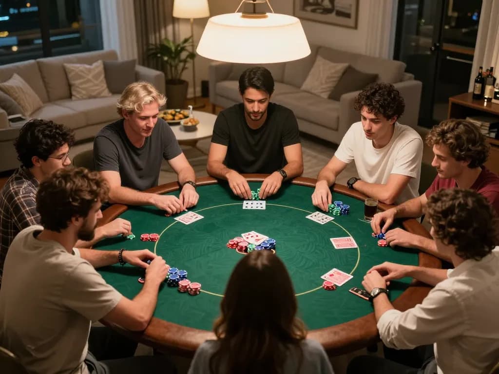 Engaged players strategizing during a competitive XX88 home poker game with chips and drinks.