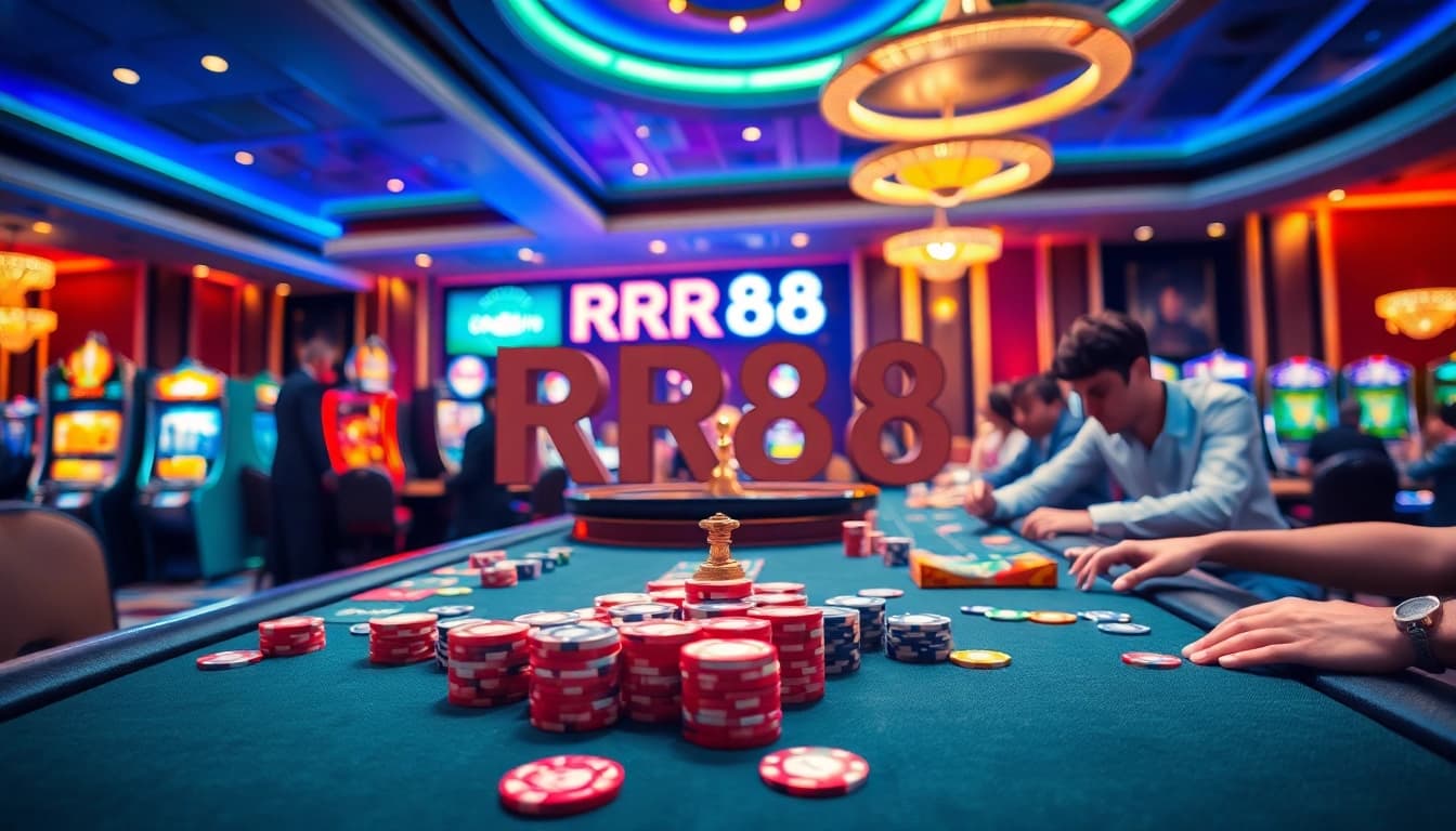 Experience the thrill of RR88 with vibrant casino tables, cards, and slot machines.