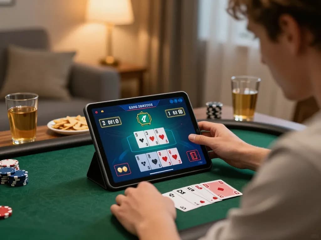 Engaging user focused on OPEN88 COM poker game interface on tablet, showcasing home gaming atmosphere