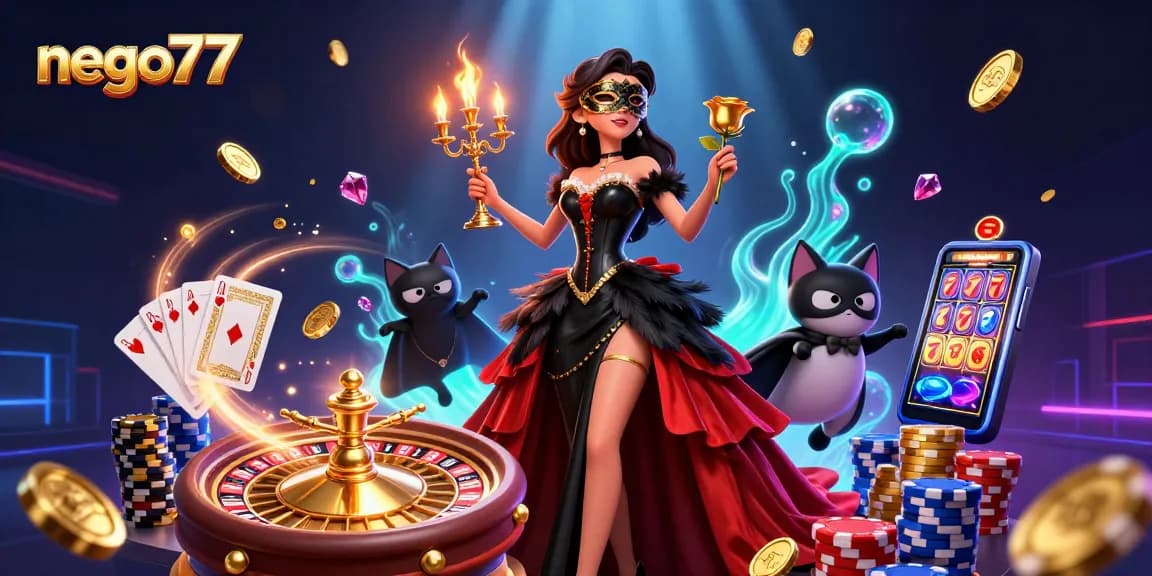 Experience thrilling gameplay with nego77, featuring vibrant slots and sparkling casino gaming elements.