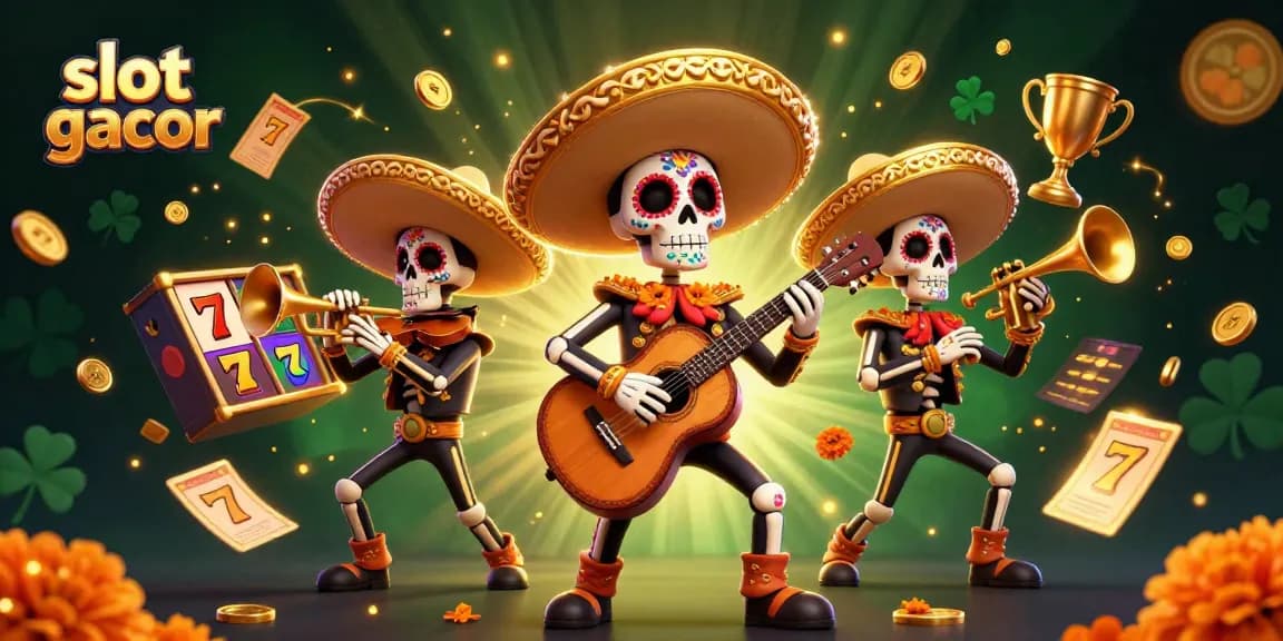 Nikmati kegembiraan dalam permainan slot gacor dengan kerangka mariachi yang berwarna-warni di tengah elemen kemenangan yang dinamis.
