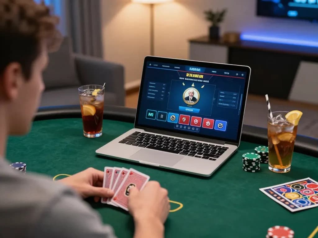 Player analyzing cards during intense b52 online poker game setup with stylish decor.