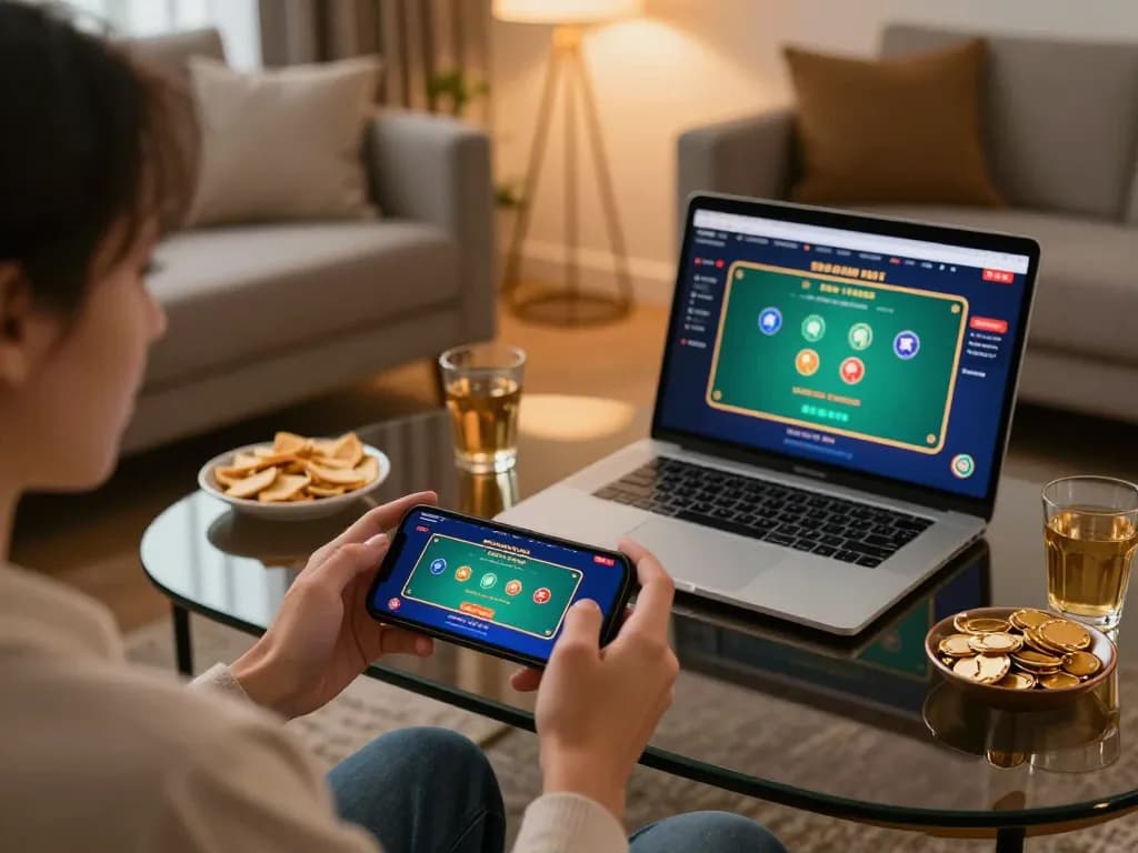 Player enjoying vipwin's immersive online gaming on a smartphone surrounded by a cozy atmosphere
