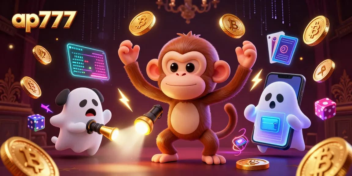 Experience thrilling gaming with ap777, featuring a whimsical poltergeist juggling coins in a lively casino.