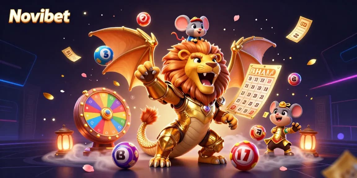 Experience thrilling action with Novibet's vibrant casino atmosphere featuring a triumphant chimera and dice elements.