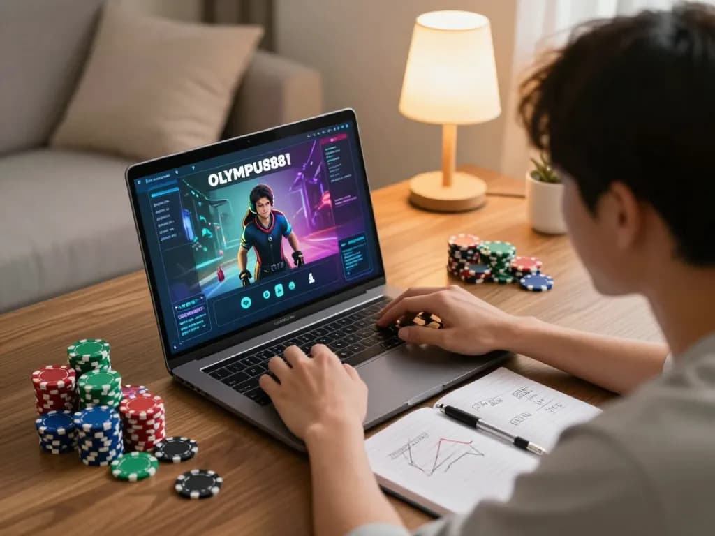 Player engaging with OLYMPUS88 Mega Slot, surrounded by gaming strategies and chips in a cozy home.