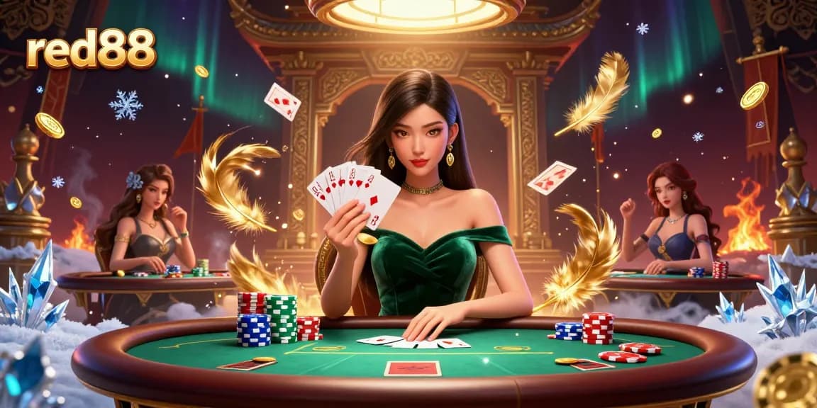 Engage with red88's thrilling poker scene, showcasing strategy and high stakes amidst dramatic casino elements.