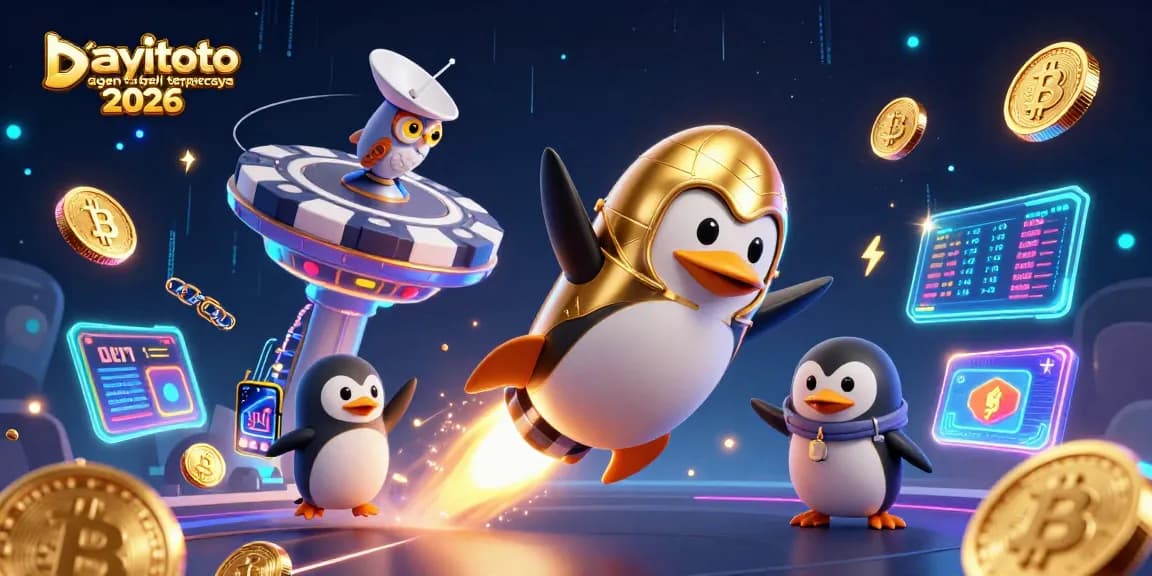 Spinning golden penguin and casino chip in galaxy, promoting bayitoto agen togel terpercaya 2026.