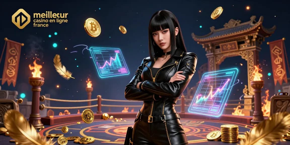 Plongez dans l'univers passionnant du meilleur casino en ligne France mettant en vedette une femme asiatique puissante dans une scène futuriste.