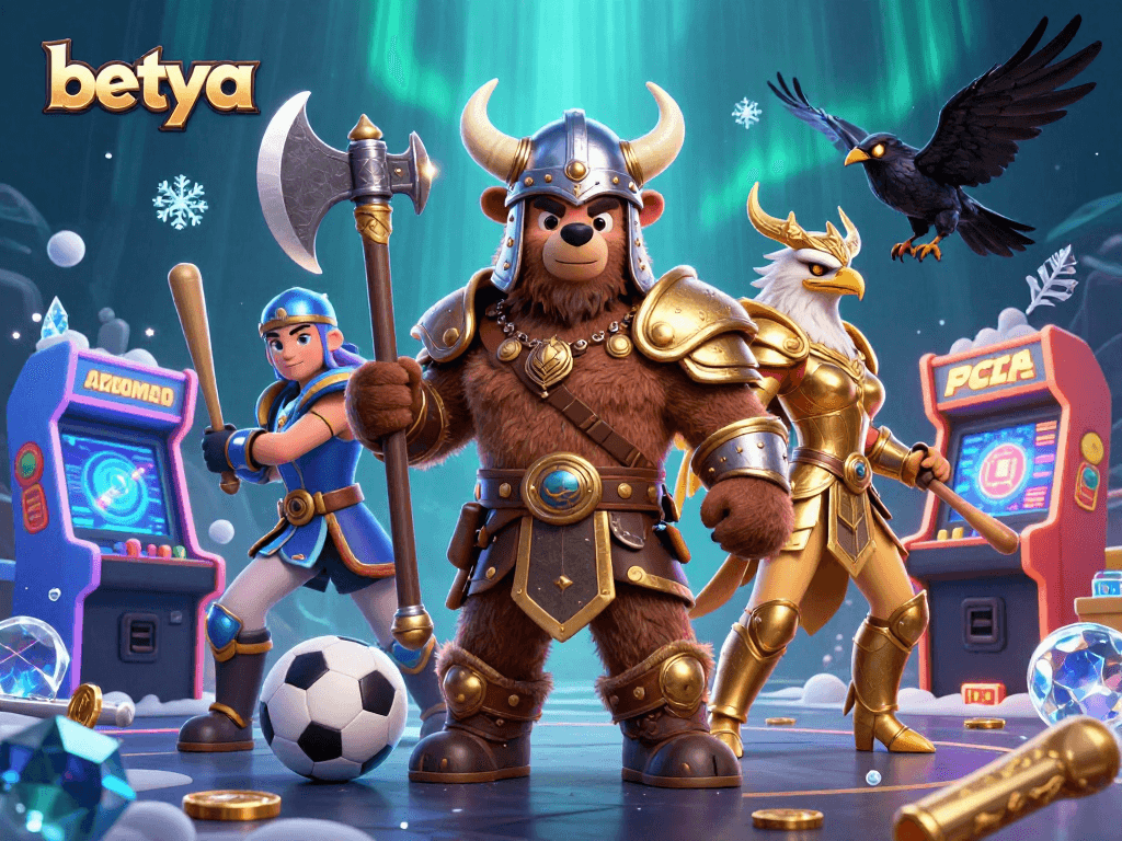 Betya sports-themed 3D illustration with Viking bear, Valkyrie eagle, and sports elements.