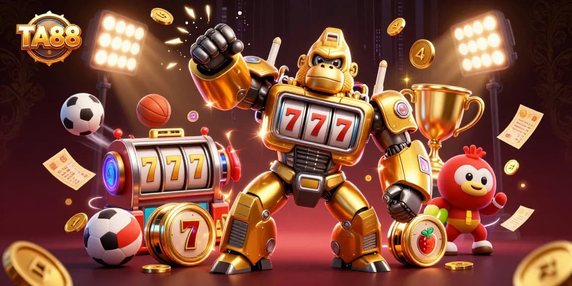 Engage with exciting TA88 slot game scenes highlighting a dynamic gorilla mech and vibrant cultural elements.