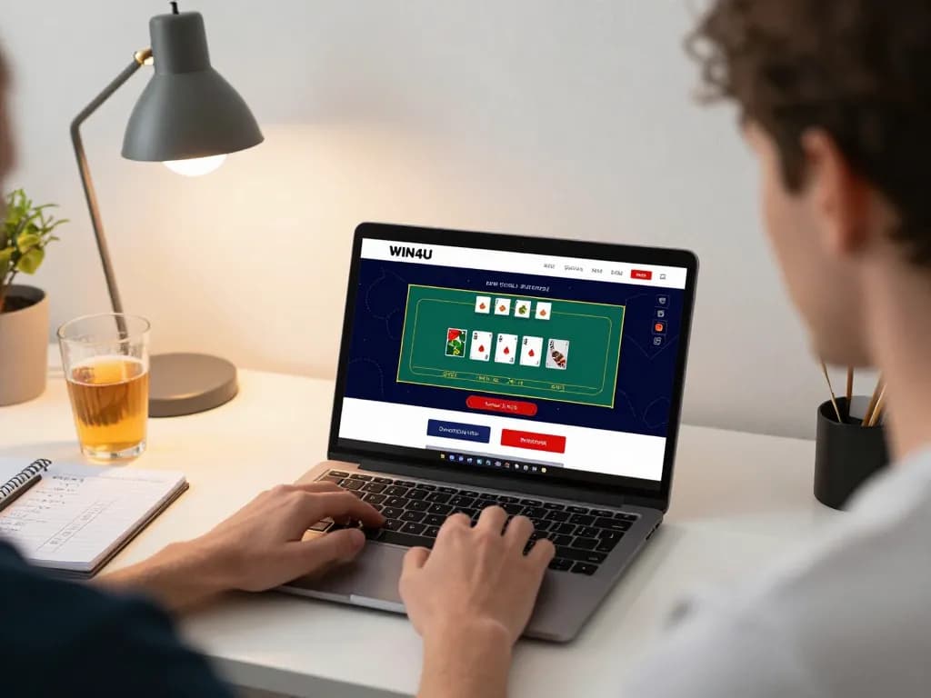 Person using a laptop for WIN4U login with live dealer game displayed on screen