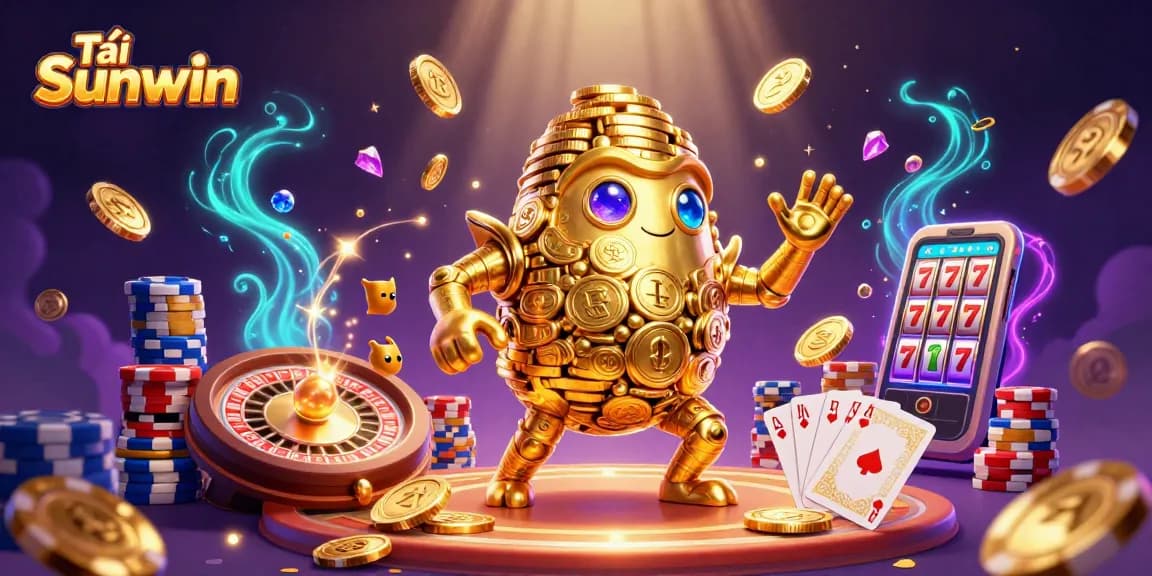 Experience Tải Sunwin with a stunning casino scene showcasing gold coins, roulette, and card games.