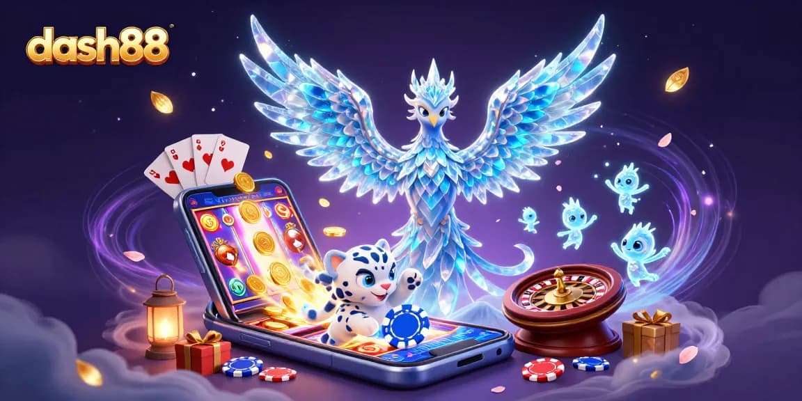 Experience dash88's thrilling world of online gaming with a dynamic 3D casino illustration.