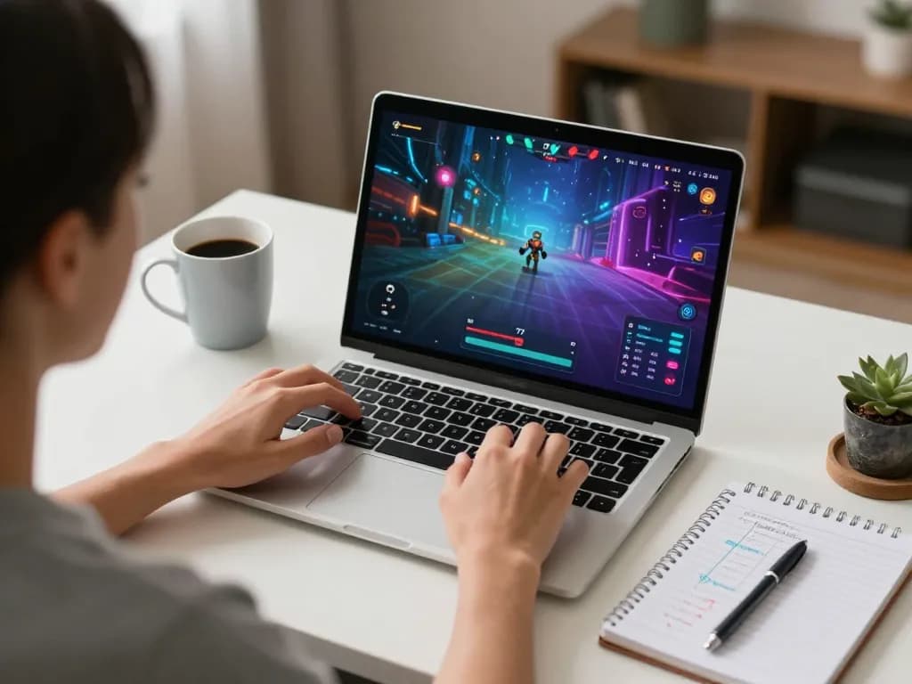 Permainan menarik di laptop Planet 77 dengan dekorasi rumah yang stylish dan buku strategi terlihat