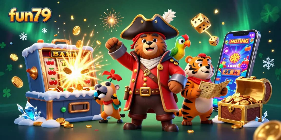 Engage with fun79's thrilling jackpot features illustrated through dynamic 3D characters and casino elements.