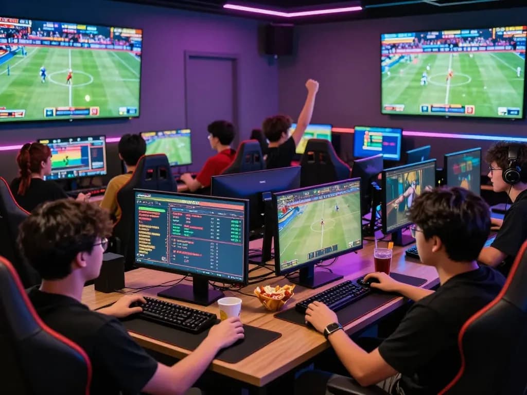 Diverse players enjoying online gaming experience at https://au88bet.it.com/ with vibrant decor and live sports displays.