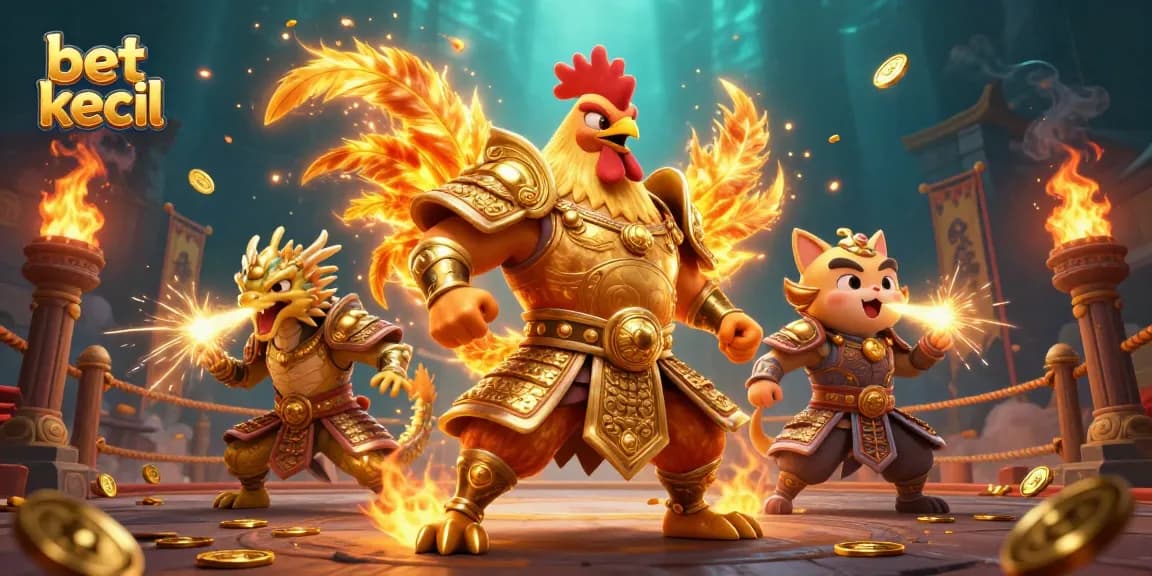Experience the thrill of bet kecil with dynamic action featuring a rooster warrior, dragon, and good fortune cat.