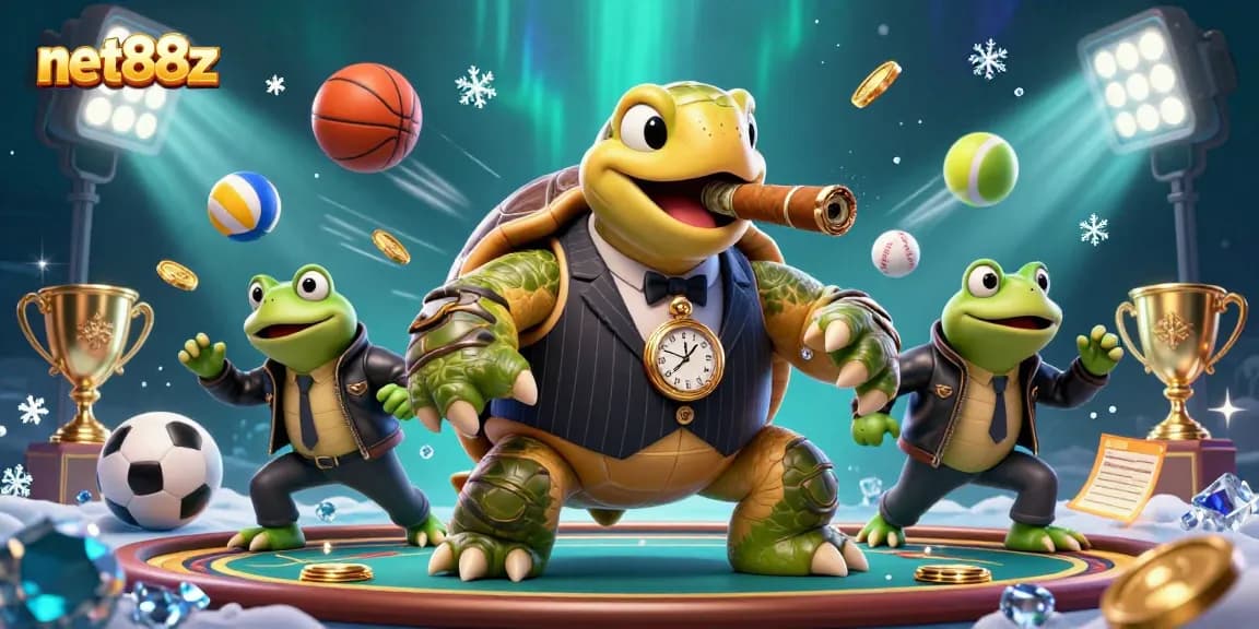 Experience excitement with net88z in a vibrant, action-packed casino scene featuring unique characters and sports elements.