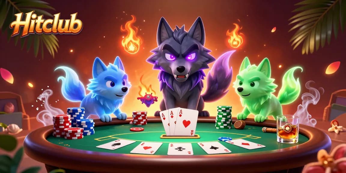 Experience the thrill of Hitclub with intense poker action and ghostly wolves in a vibrant scene.