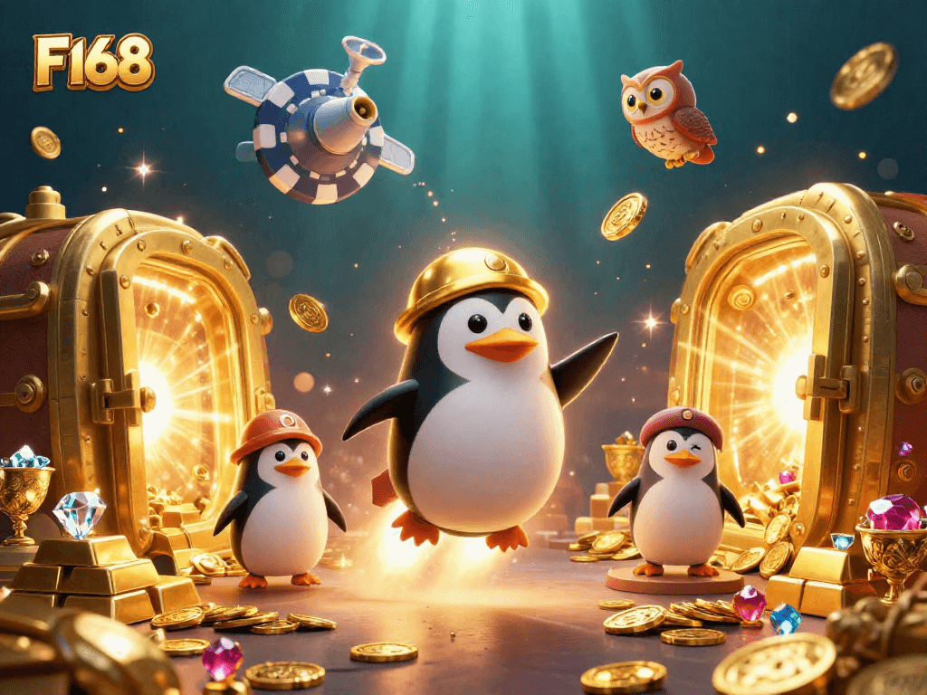 Experience the thrilling action of F168 with golden treasures and a rocket-powered penguin!