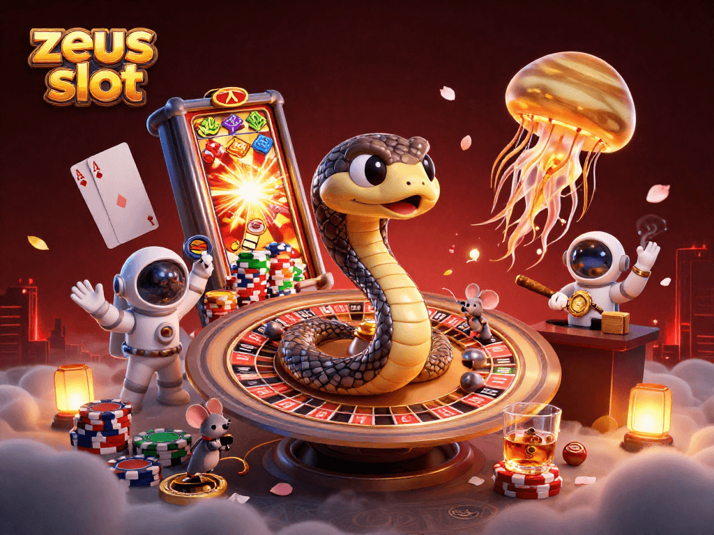 Experience the excitement of the zeus slot as cosmic characters engage in a thrilling gaming scene.