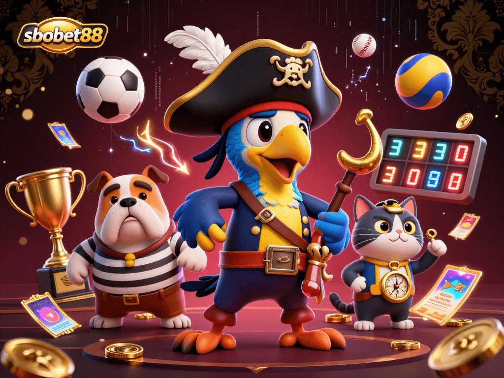 SBOBET88 pirates gambling with sports balls, trophies, and betting slips in a vibrant casino scene.