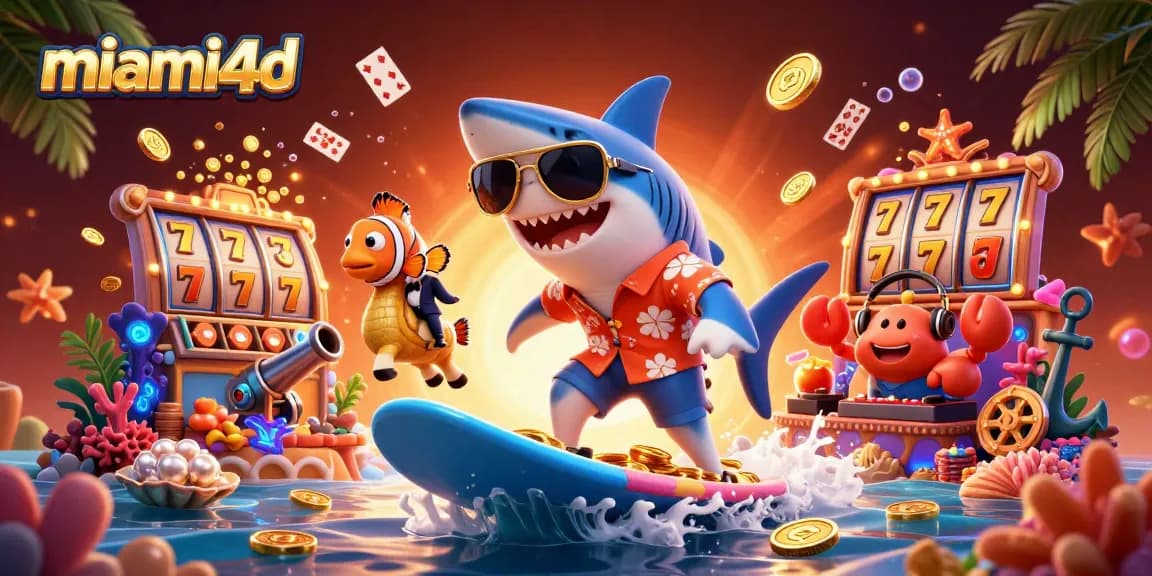 Win big with miami4d as a shark surfs gold coins, showcasing vibrant casino elements.