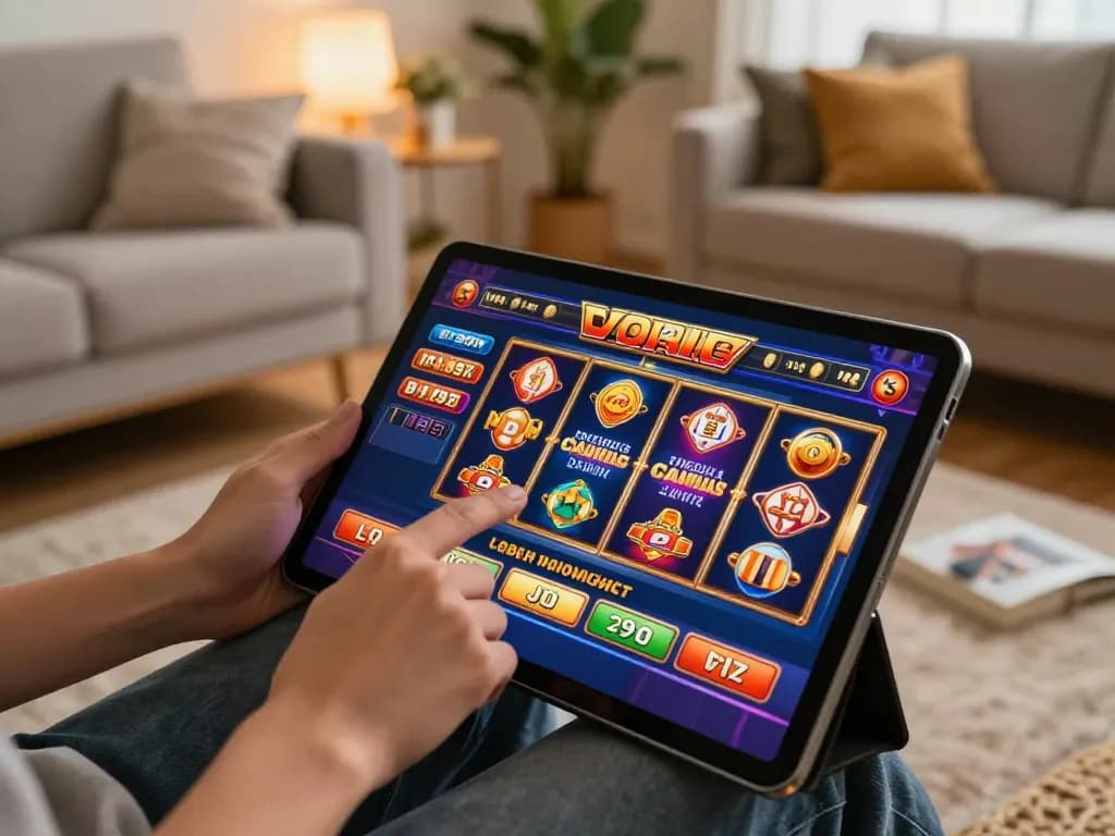 Engaging online gambling with gg88 com on tablet amidst cozy home setting, showcasing vibrant slot gameplay.