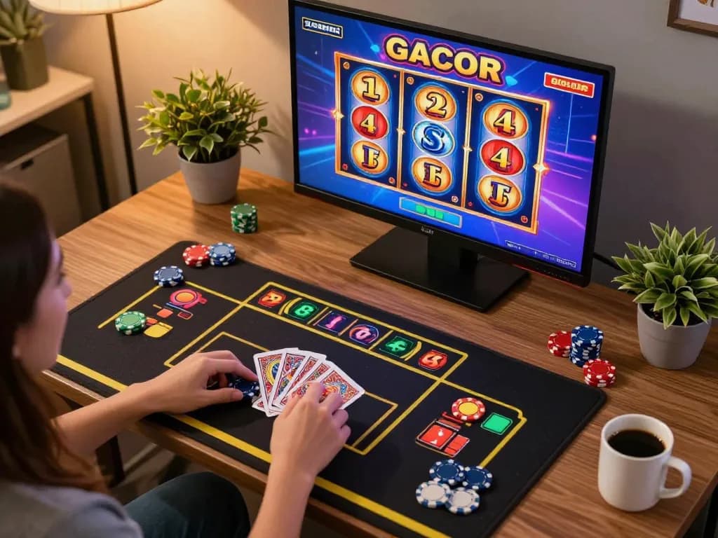Permainan slot gacor yang menarik di layar berwarna-warni dengan chip siap untuk bertaruh di suasana rumah yang nyaman.