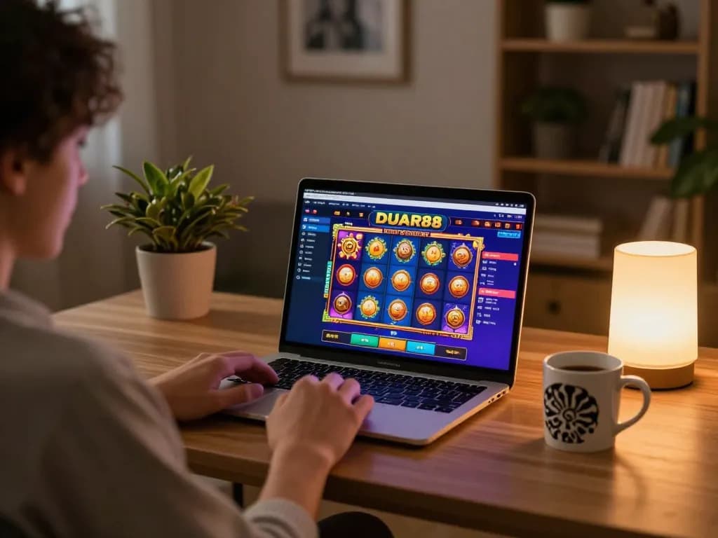 Sesi permainan online yang menarik di platform DUAR88 dengan grafik slot berwarna-warni dan suasana yang nyaman.