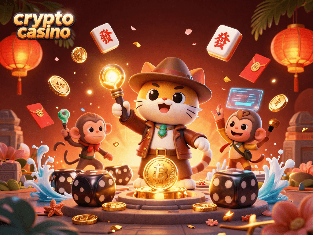 Experience the excitement of a crypto casino adventure with an archaeologist cat and a monkey companion.