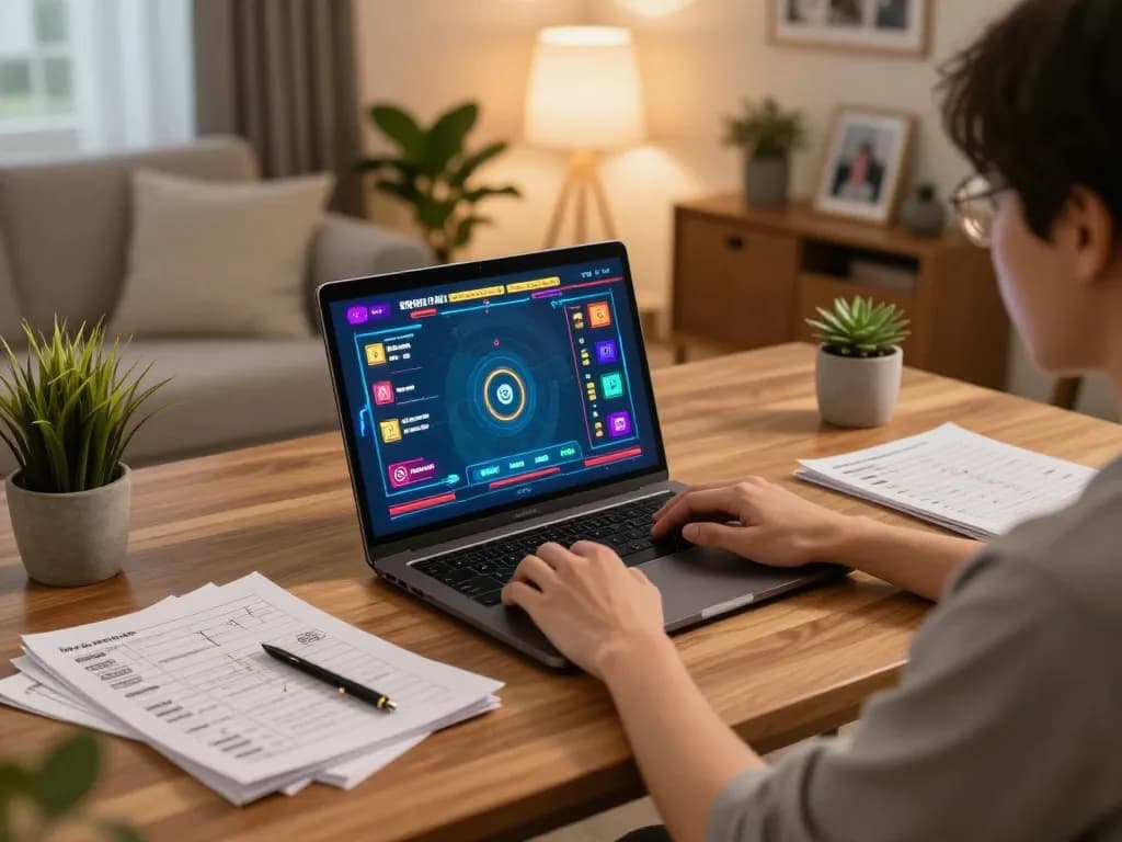 Terlibat dalam permainan situs togel di rumah dengan laptop, catatan, dan suasana hangat yang nyaman.