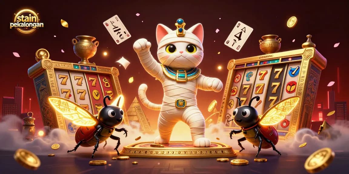 Engaging 3D art of a mummy cat and scarab in a pyramid casino, capturing stain pekalongan's vibrant gambling scene.