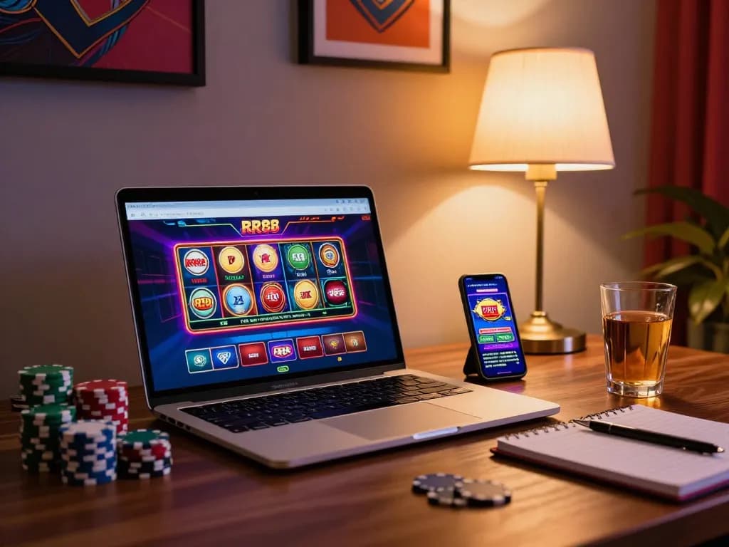 Play exciting casino games on RR88 through a modern online gaming setup showcasing vibrant slots.