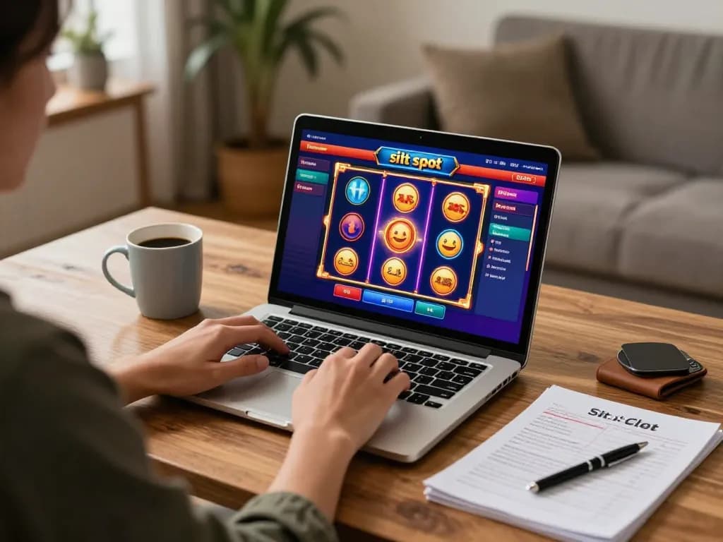Engaging in situs slot gaming on a laptop in a cozy home setup.