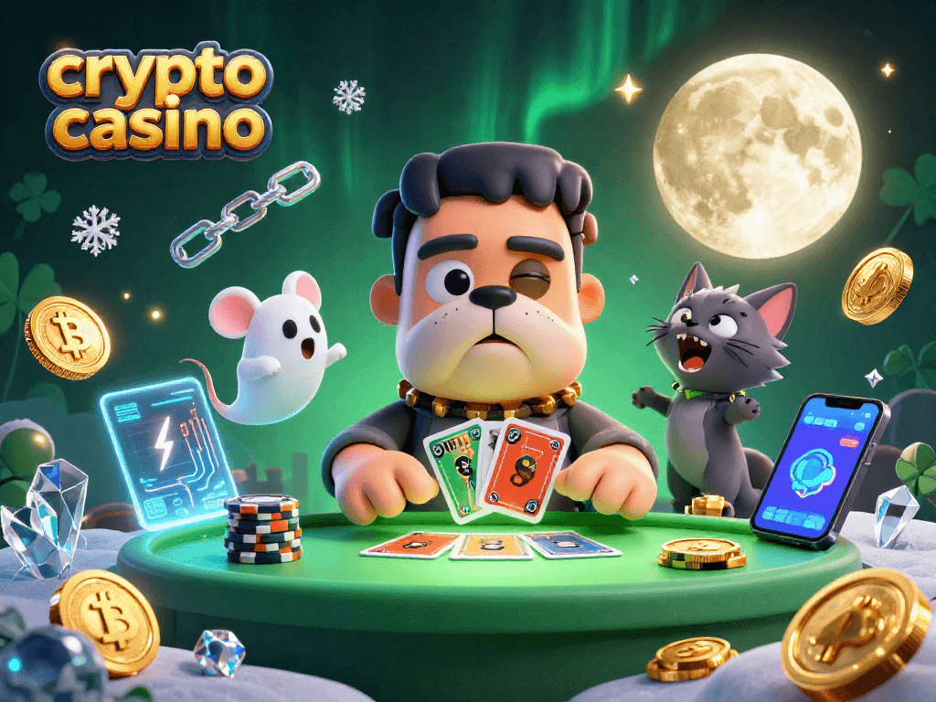 Experience the thrill of a crypto casino with unique characters and glittering game elements.