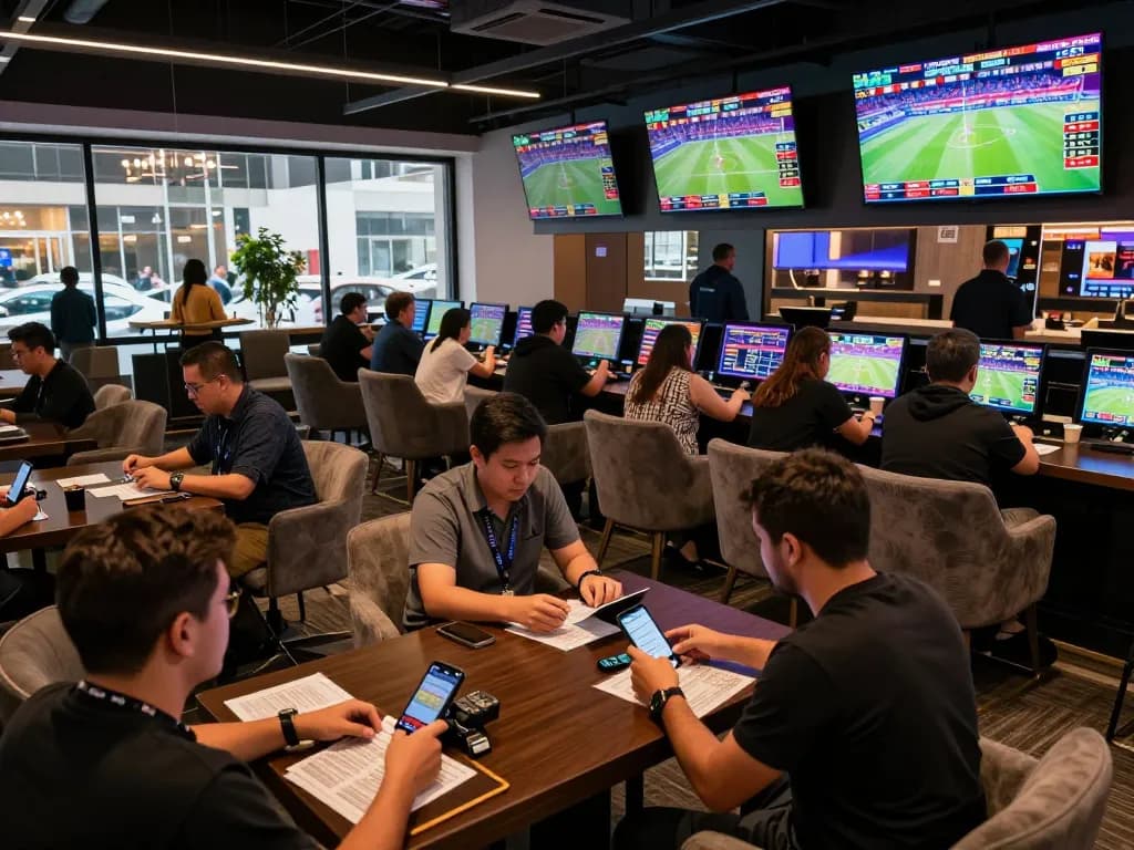 Pemain taruhan yang terlibat memantau skor langsung SPBO 1 di lounge taruhan olahraga modern, menunjukkan suasana permainan yang dinamis.