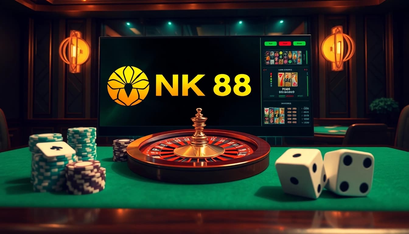 Engaging NK88 online casino interface showing strategic betting with poker chips and roulette wheel