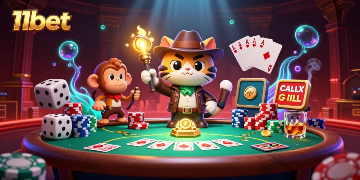 Engage with 11bet in this vibrant 3D scene featuring a cat explorer and monkey companion unraveling casino treasures.