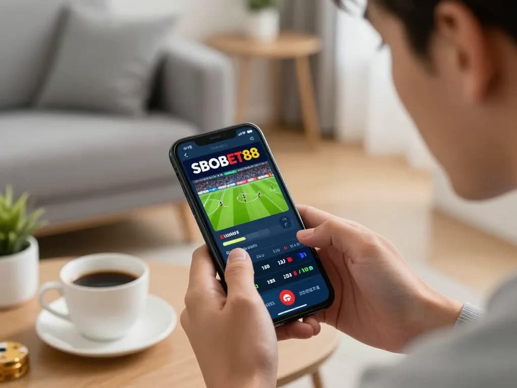 SBOBET88 login action showing a player deeply engaged in sports betting on their mobile device during a live match.