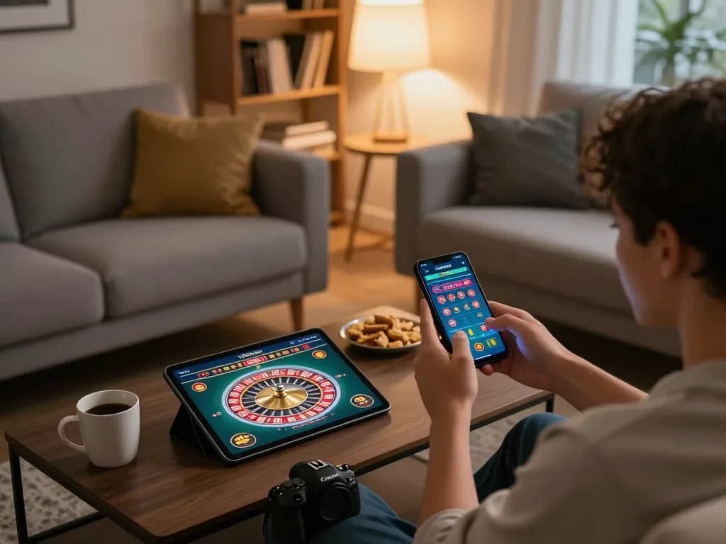 Experience mobile gaming with f8betlv as a player enjoys online roulette at home in a cozy atmosphere.