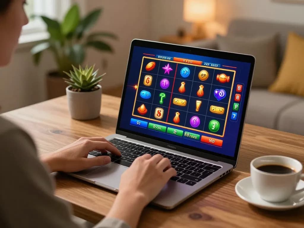 Engaging online player enjoying dinamit4d slots interface in a cozy home setup.