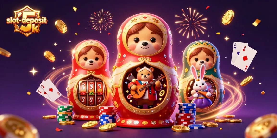 Experience thrilling moments with slot-deposit-5k as vibrant bears and luminous coins create a festive casino scene.