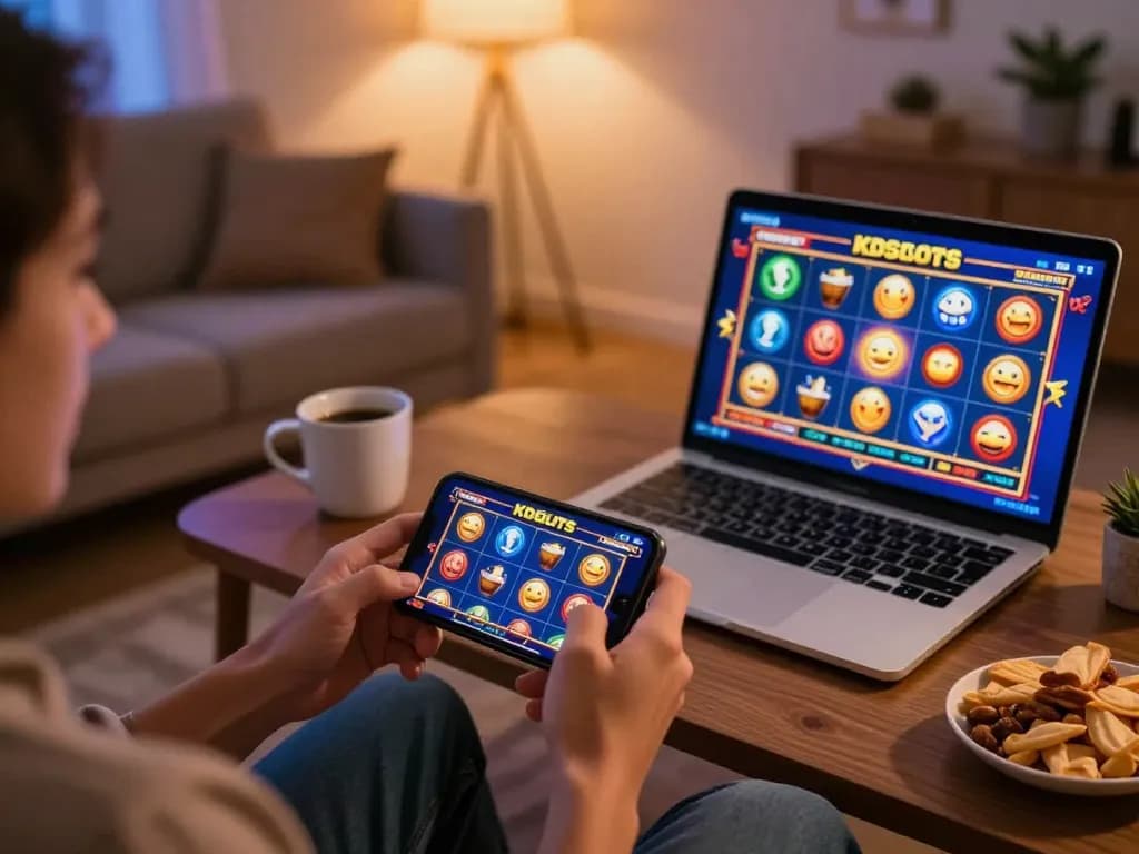 Engaging mobile gaming scene with kdslot on a smartphone, showcasing a player's winning moment in a cozy living room.