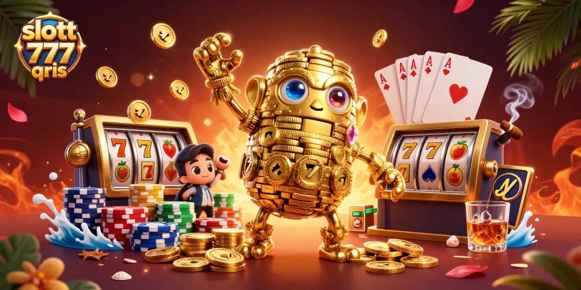 Experience epic gameplay with slott 777 qris illustrated by a golden golem amidst thrilling slot elements.