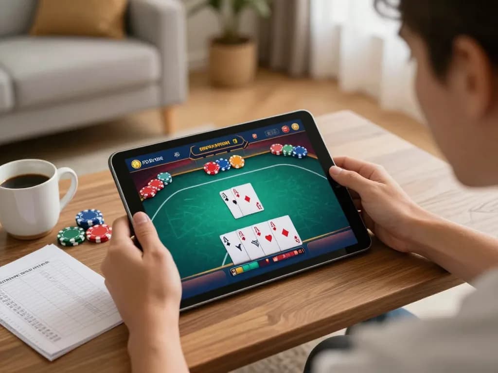 Player enjoying 789club online poker game on a tablet in a cozy home setting, showcasing strategic gameplay.