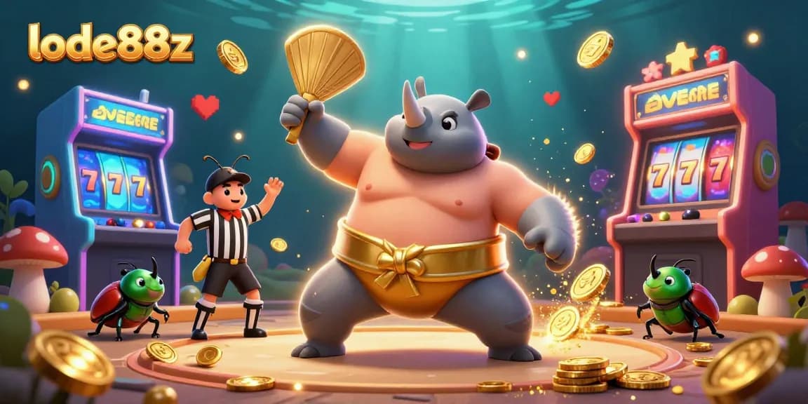 lode88z showcases a sumo champion beetle amidst colorful slots and glowing coins, igniting winning excitement.